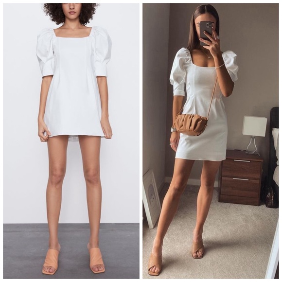 Zara White Puffed Sleeve Mini Dress - Picture 3 of 15